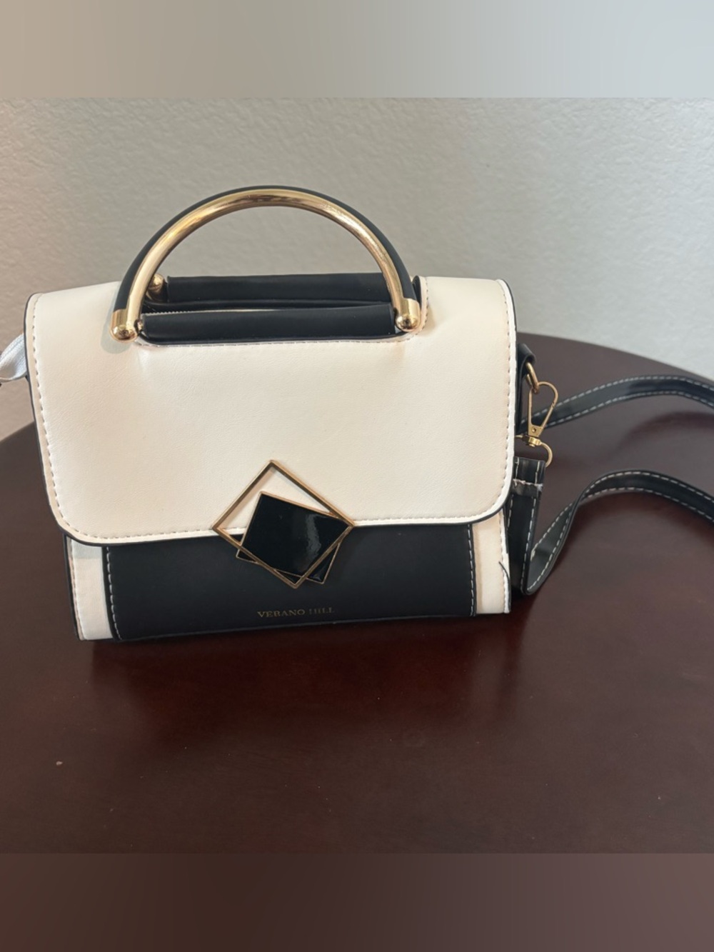 Black & Cream Structured Top-Handle Crossbody